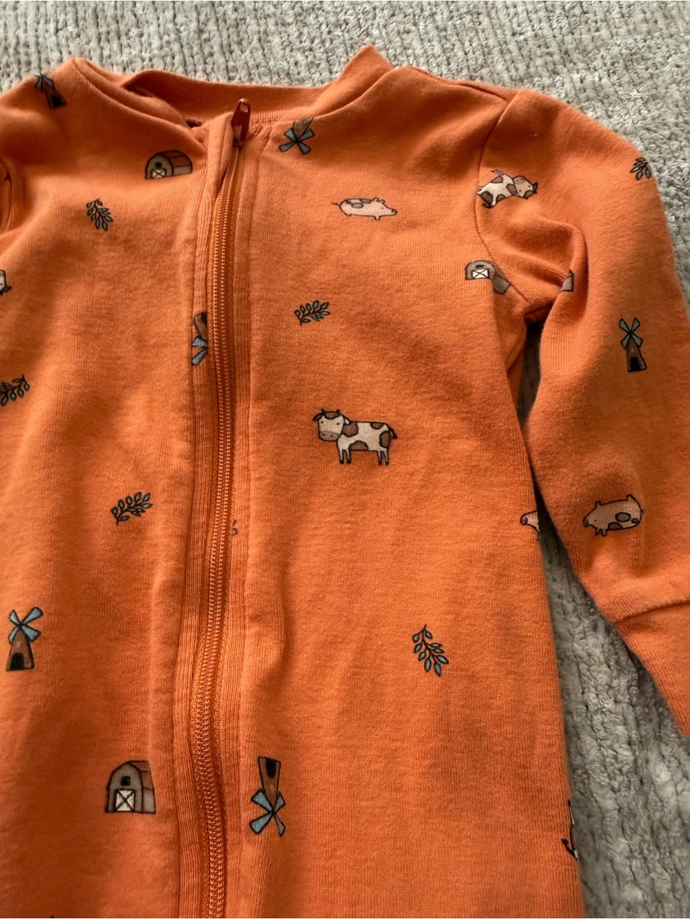 Pekkle Baby‎ Footed Sleeper 6M Orange Farm Print Organic Cotton Zip